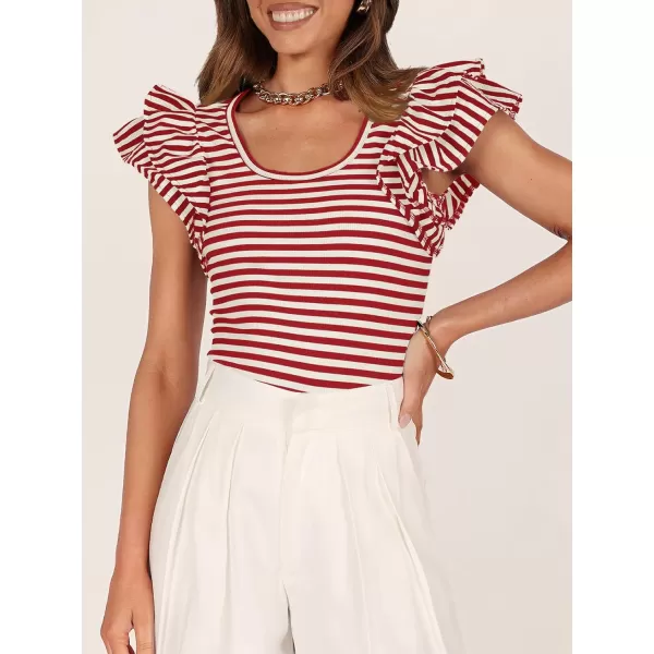 imageZESICA Womens Ruffle Short Sleeve Striped T Shirts 2024 Summer Scoop Neck Slim Fitted Causal Basic Tee TopsRed