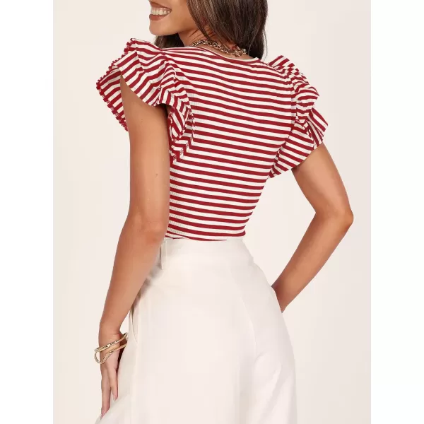 imageZESICA Womens Ruffle Short Sleeve Striped T Shirts 2024 Summer Scoop Neck Slim Fitted Causal Basic Tee TopsRed