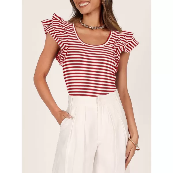 imageZESICA Womens Ruffle Short Sleeve Striped T Shirts 2024 Summer Scoop Neck Slim Fitted Causal Basic Tee TopsRed