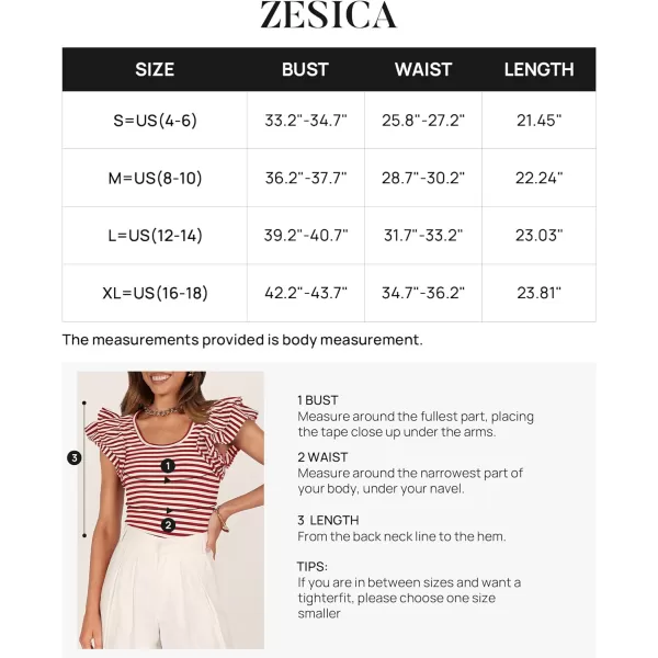 imageZESICA Womens Ruffle Short Sleeve Striped T Shirts 2024 Summer Scoop Neck Slim Fitted Causal Basic Tee TopsRed
