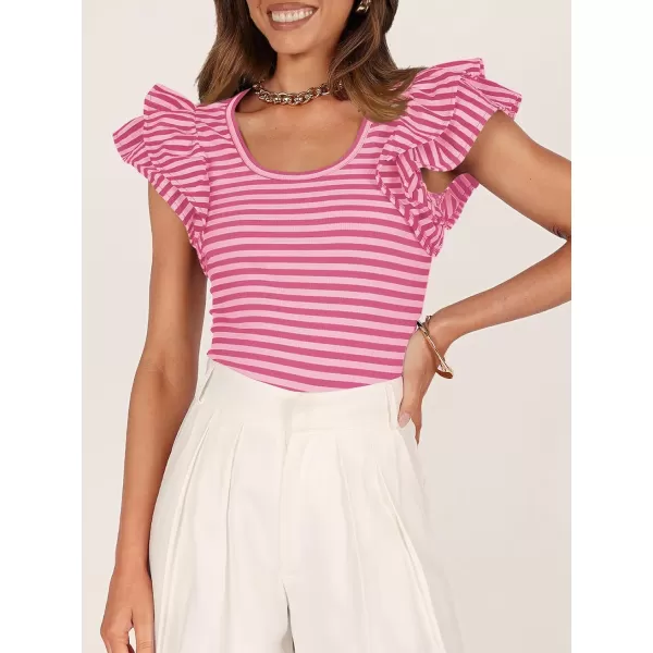 imageZESICA Womens Ruffle Short Sleeve Striped T Shirts 2024 Summer Scoop Neck Slim Fitted Causal Basic Tee TopsRose Pink