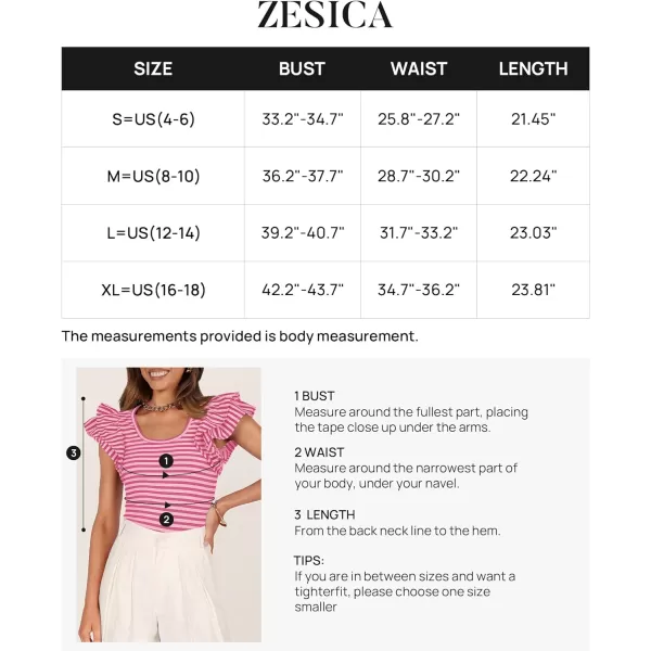 imageZESICA Womens Ruffle Short Sleeve Striped T Shirts 2024 Summer Scoop Neck Slim Fitted Causal Basic Tee TopsRose Pink