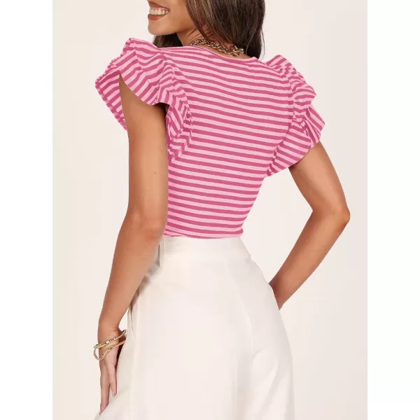 imageZESICA Womens Ruffle Short Sleeve Striped T Shirts 2024 Summer Scoop Neck Slim Fitted Causal Basic Tee TopsRose Pink