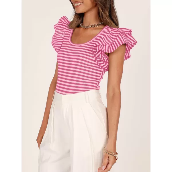 imageZESICA Womens Ruffle Short Sleeve Striped T Shirts 2024 Summer Scoop Neck Slim Fitted Causal Basic Tee TopsRose Pink