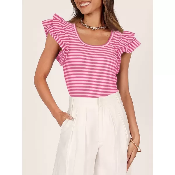 imageZESICA Womens Ruffle Short Sleeve Striped T Shirts 2024 Summer Scoop Neck Slim Fitted Causal Basic Tee TopsRose Pink