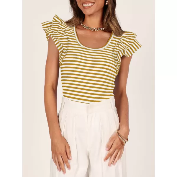 imageZESICA Womens Ruffle Short Sleeve Striped T Shirts 2024 Summer Scoop Neck Slim Fitted Causal Basic Tee TopsYellow