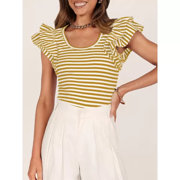 imageZESICA Womens Ruffle Short Sleeve Striped T Shirts 2024 Summer Scoop Neck Slim Fitted Causal Basic Tee TopsYellow