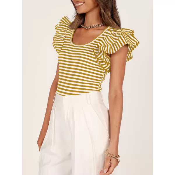 imageZESICA Womens Ruffle Short Sleeve Striped T Shirts 2024 Summer Scoop Neck Slim Fitted Causal Basic Tee TopsYellow