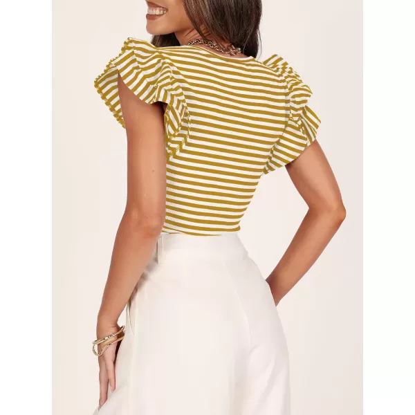 imageZESICA Womens Ruffle Short Sleeve Striped T Shirts 2024 Summer Scoop Neck Slim Fitted Causal Basic Tee TopsYellow