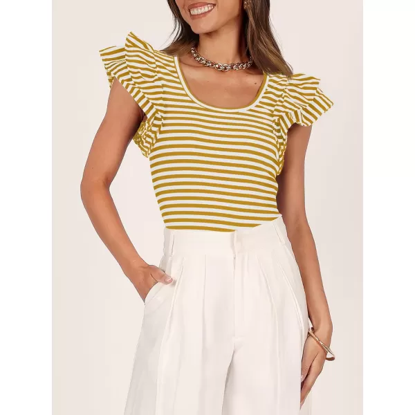 imageZESICA Womens Ruffle Short Sleeve Striped T Shirts 2024 Summer Scoop Neck Slim Fitted Causal Basic Tee TopsYellow