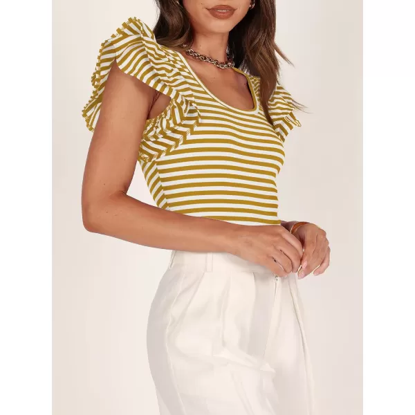 imageZESICA Womens Ruffle Short Sleeve Striped T Shirts 2024 Summer Scoop Neck Slim Fitted Causal Basic Tee TopsYellow