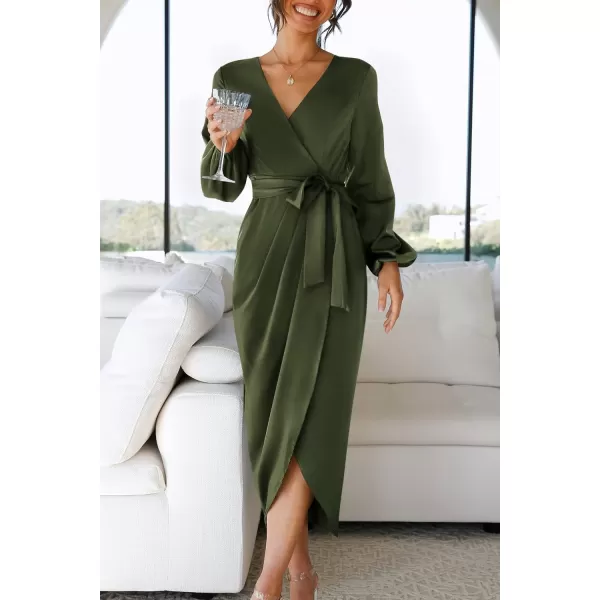 imageZESICA Womens Satin V Neck Bodycon Dress Long Sleeve Ruched Tie Waist Wrap Split Cocktail Party Midi DressesRustSmallArmygreen Large