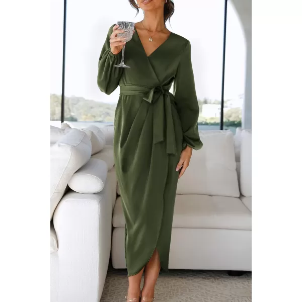 imageZESICA Womens Satin V Neck Bodycon Dress Long Sleeve Ruched Tie Waist Wrap Split Cocktail Party Midi DressesRustSmallArmygreen Medium