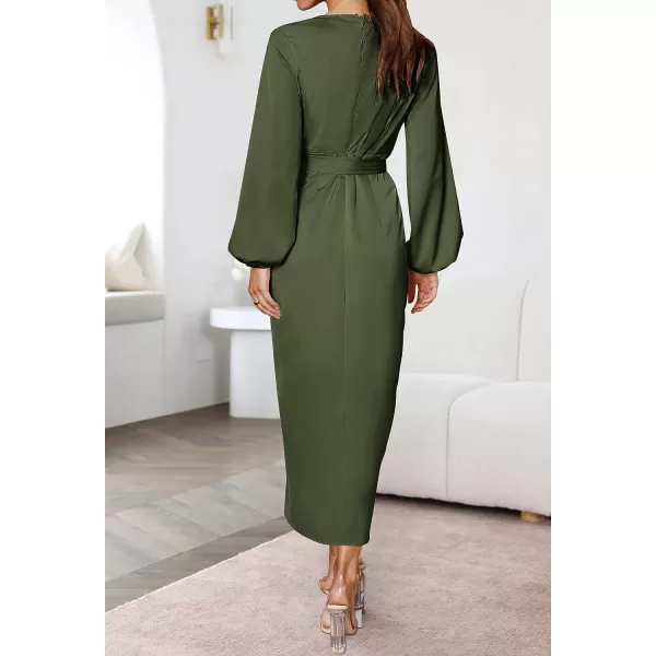 imageZESICA Womens Satin V Neck Bodycon Dress Long Sleeve Ruched Tie Waist Wrap Split Cocktail Party Midi DressesRustSmallArmygreen Small