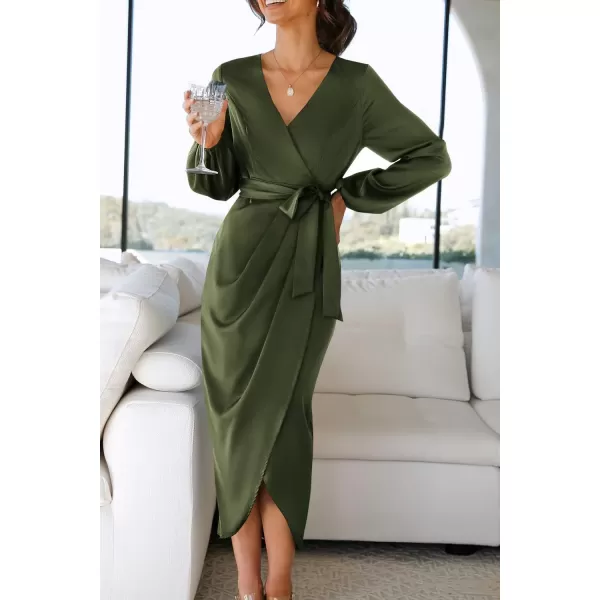 imageZESICA Womens Satin V Neck Bodycon Dress Long Sleeve Ruched Tie Waist Wrap Split Cocktail Party Midi DressesRustSmallArmygreen Small