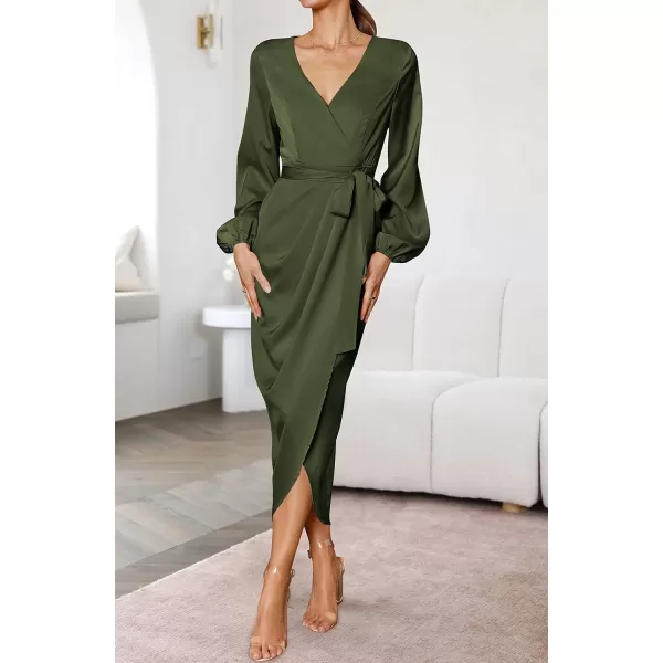 imageZESICA Womens Satin V Neck Bodycon Dress Long Sleeve Ruched Tie Waist Wrap Split Cocktail Party Midi DressesRustSmallArmygreen Small