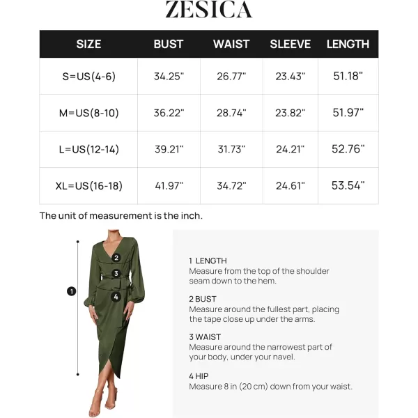 imageZESICA Womens Satin V Neck Bodycon Dress Long Sleeve Ruched Tie Waist Wrap Split Cocktail Party Midi DressesRustSmallArmygreen XLarge