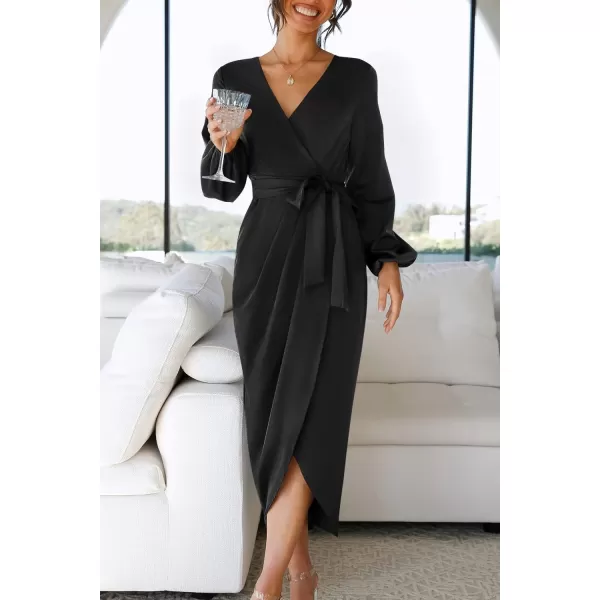 imageZESICA Womens Satin V Neck Bodycon Dress Long Sleeve Ruched Tie Waist Wrap Split Cocktail Party Midi DressesRustSmallBlack Large