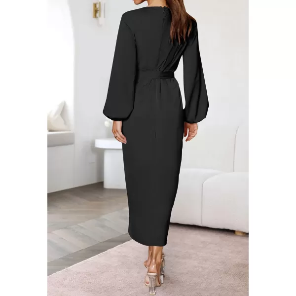 imageZESICA Womens Satin V Neck Bodycon Dress Long Sleeve Ruched Tie Waist Wrap Split Cocktail Party Midi DressesRustSmallBlack Large