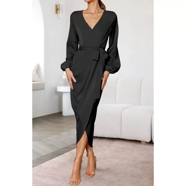 imageZESICA Womens Satin V Neck Bodycon Dress Long Sleeve Ruched Tie Waist Wrap Split Cocktail Party Midi DressesRustSmallBlack Small