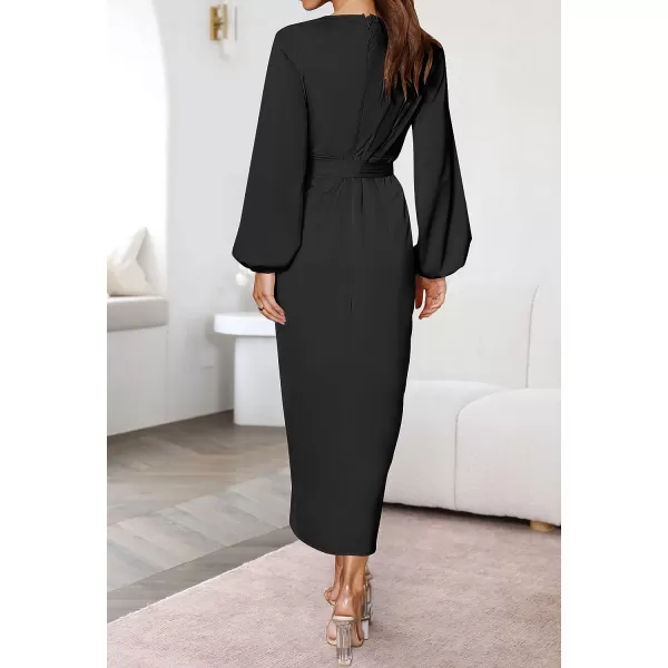 imageZESICA Womens Satin V Neck Bodycon Dress Long Sleeve Ruched Tie Waist Wrap Split Cocktail Party Midi DressesRustSmallBlack Small