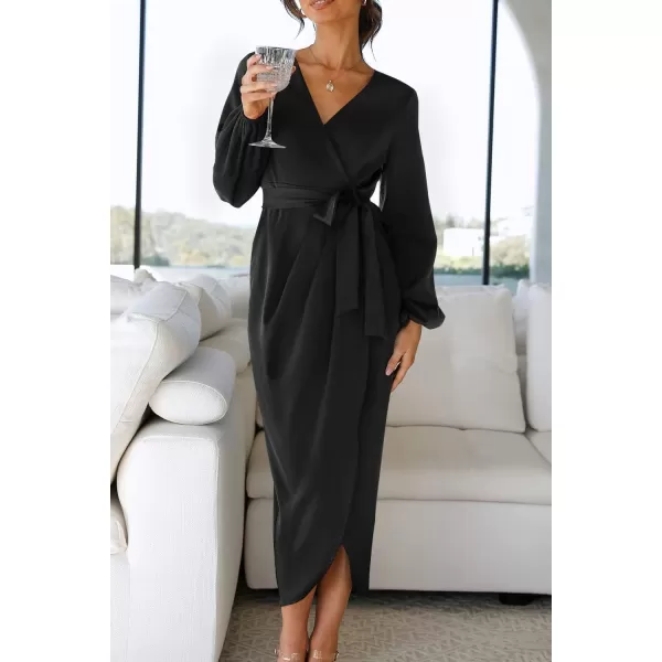 imageZESICA Womens Satin V Neck Bodycon Dress Long Sleeve Ruched Tie Waist Wrap Split Cocktail Party Midi DressesRustSmallBlack Small