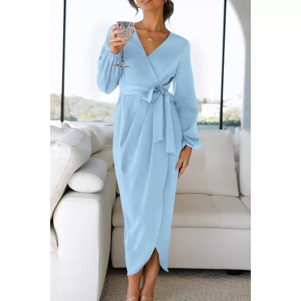 imageZESICA Womens Satin V Neck Bodycon Dress Long Sleeve Ruched Tie Waist Wrap Split Cocktail Party Midi DressesRustSmallBlue XLarge