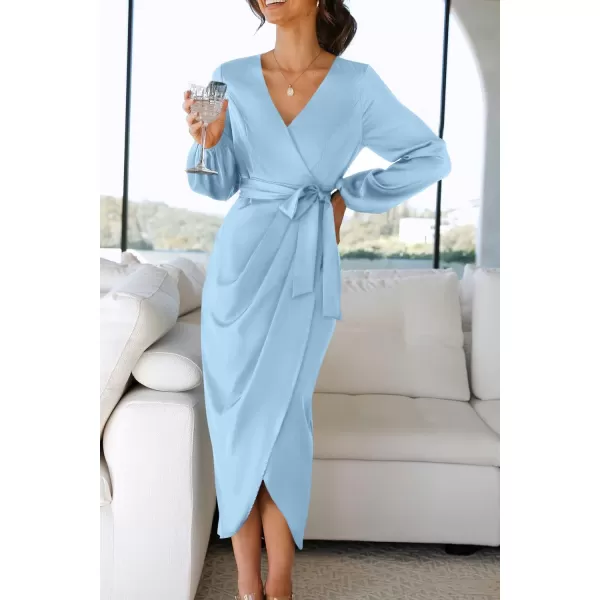 imageZESICA Womens Satin V Neck Bodycon Dress Long Sleeve Ruched Tie Waist Wrap Split Cocktail Party Midi DressesRustSmallBlue XLarge