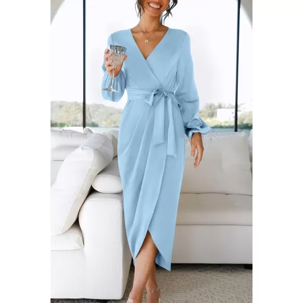 imageZESICA Womens Satin V Neck Bodycon Dress Long Sleeve Ruched Tie Waist Wrap Split Cocktail Party Midi DressesRustSmallBlue XLarge