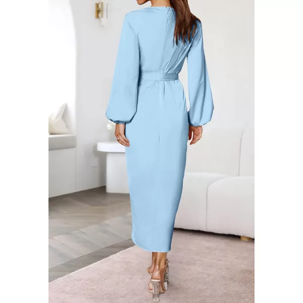 imageZESICA Womens Satin V Neck Bodycon Dress Long Sleeve Ruched Tie Waist Wrap Split Cocktail Party Midi DressesRustSmallBlue XLarge