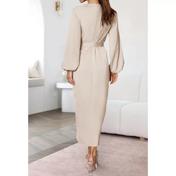 imageZESICA Womens Satin V Neck Bodycon Dress Long Sleeve Ruched Tie Waist Wrap Split Cocktail Party Midi DressesRustSmallChampagne Medium