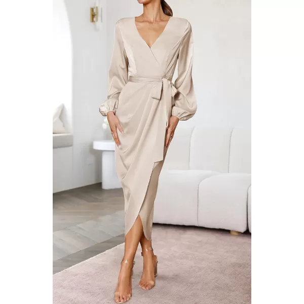 imageZESICA Womens Satin V Neck Bodycon Dress Long Sleeve Ruched Tie Waist Wrap Split Cocktail Party Midi DressesRustSmallChampagne Medium