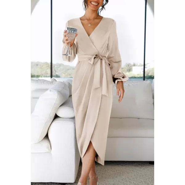 imageZESICA Womens Satin V Neck Bodycon Dress Long Sleeve Ruched Tie Waist Wrap Split Cocktail Party Midi DressesRustSmallChampagne Medium