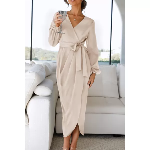 imageZESICA Womens Satin V Neck Bodycon Dress Long Sleeve Ruched Tie Waist Wrap Split Cocktail Party Midi DressesRustSmallChampagne Medium