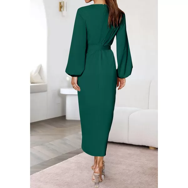 imageZESICA Womens Satin V Neck Bodycon Dress Long Sleeve Ruched Tie Waist Wrap Split Cocktail Party Midi DressesRustSmallForestgreen Medium