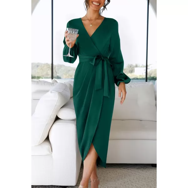 imageZESICA Womens Satin V Neck Bodycon Dress Long Sleeve Ruched Tie Waist Wrap Split Cocktail Party Midi DressesRustSmallForestgreen Medium