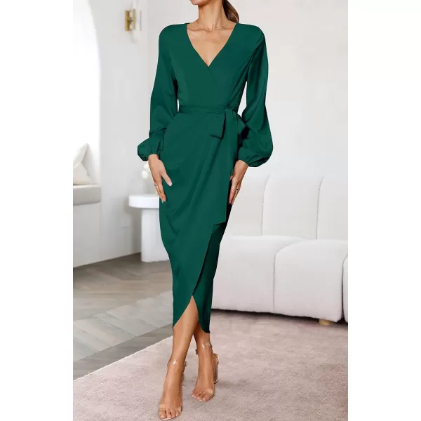imageZESICA Womens Satin V Neck Bodycon Dress Long Sleeve Ruched Tie Waist Wrap Split Cocktail Party Midi DressesRustSmallForestgreen Medium