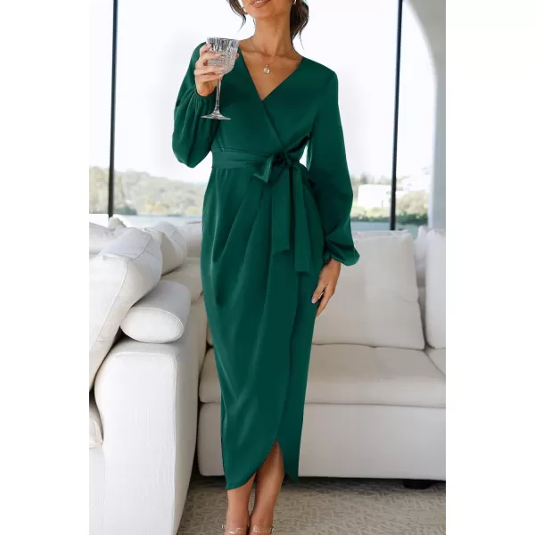 imageZESICA Womens Satin V Neck Bodycon Dress Long Sleeve Ruched Tie Waist Wrap Split Cocktail Party Midi DressesRustSmallForestgreen XLarge