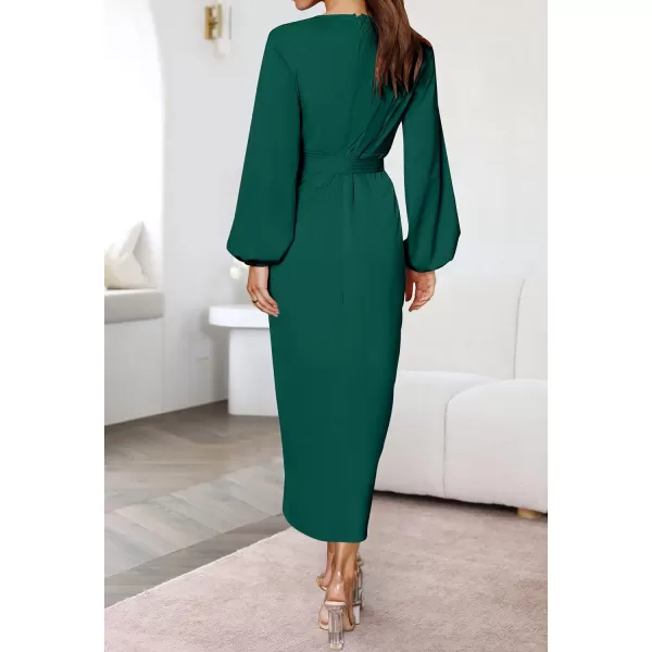 imageZESICA Womens Satin V Neck Bodycon Dress Long Sleeve Ruched Tie Waist Wrap Split Cocktail Party Midi DressesRustSmallForestgreen XLarge