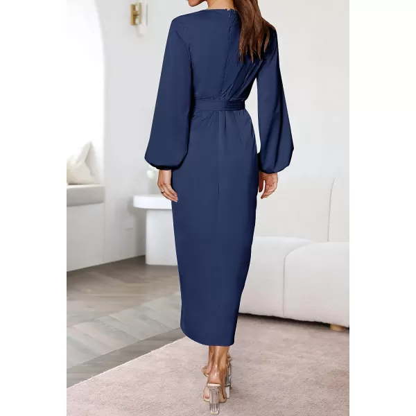 imageZESICA Womens Satin V Neck Bodycon Dress Long Sleeve Ruched Tie Waist Wrap Split Cocktail Party Midi DressesRustSmallNavy Large
