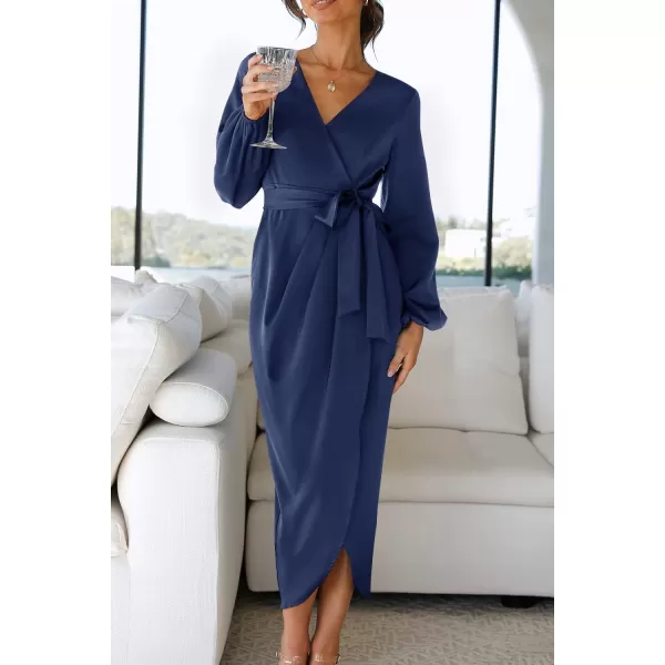 imageZESICA Womens Satin V Neck Bodycon Dress Long Sleeve Ruched Tie Waist Wrap Split Cocktail Party Midi DressesRustSmallNavy Large