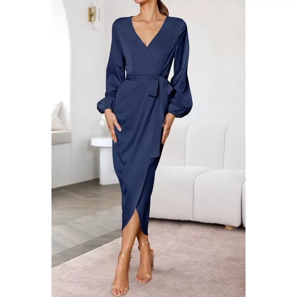 imageZESICA Womens Satin V Neck Bodycon Dress Long Sleeve Ruched Tie Waist Wrap Split Cocktail Party Midi DressesRustSmallNavy Large