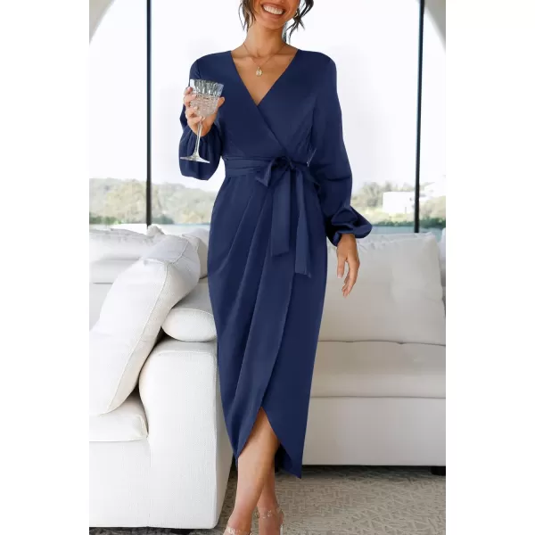 imageZESICA Womens Satin V Neck Bodycon Dress Long Sleeve Ruched Tie Waist Wrap Split Cocktail Party Midi DressesRustSmallNavy Large