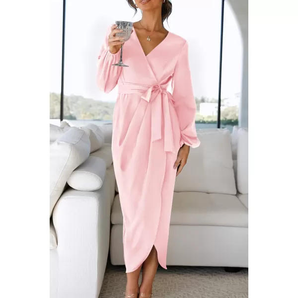 imageZESICA Womens Satin V Neck Bodycon Dress Long Sleeve Ruched Tie Waist Wrap Split Cocktail Party Midi DressesRustSmallPink Large