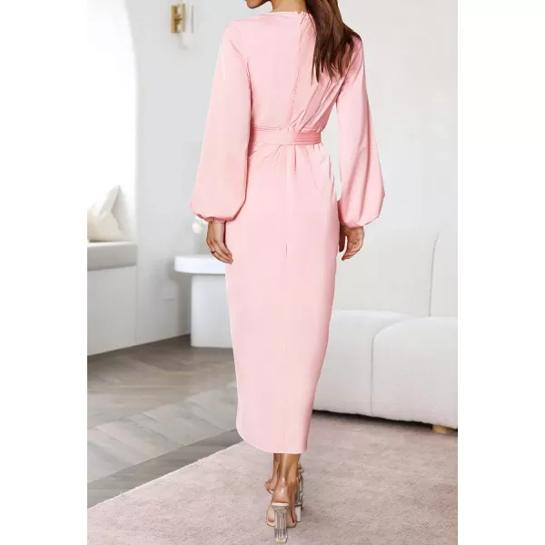 imageZESICA Womens Satin V Neck Bodycon Dress Long Sleeve Ruched Tie Waist Wrap Split Cocktail Party Midi DressesRustSmallPink Large