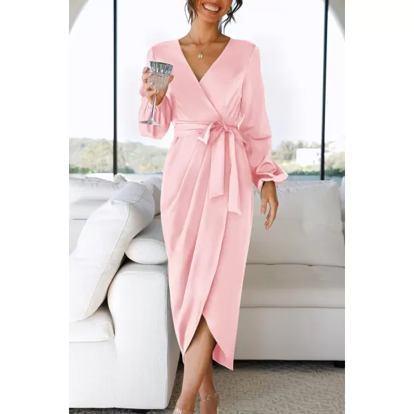 imageZESICA Womens Satin V Neck Bodycon Dress Long Sleeve Ruched Tie Waist Wrap Split Cocktail Party Midi DressesRustSmallPink Small