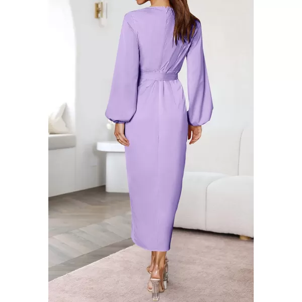 imageZESICA Womens Satin V Neck Bodycon Dress Long Sleeve Ruched Tie Waist Wrap Split Cocktail Party Midi DressesRustSmallPurple XLarge