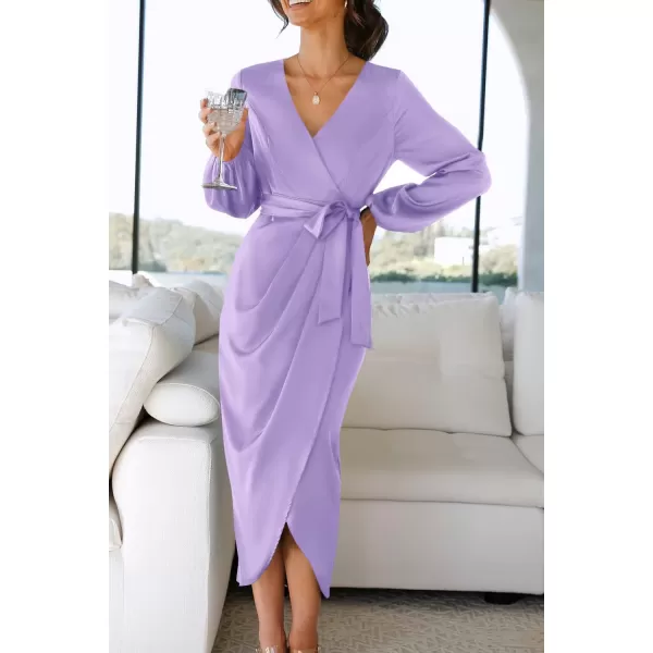 imageZESICA Womens Satin V Neck Bodycon Dress Long Sleeve Ruched Tie Waist Wrap Split Cocktail Party Midi DressesRustSmallPurple XLarge