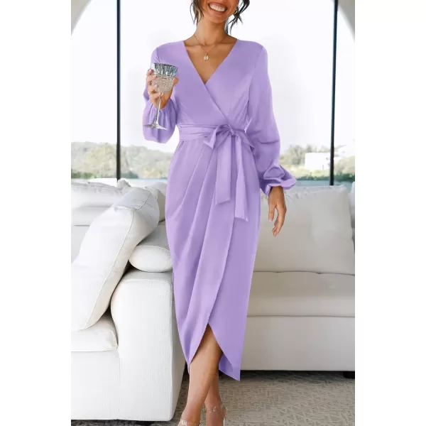 imageZESICA Womens Satin V Neck Bodycon Dress Long Sleeve Ruched Tie Waist Wrap Split Cocktail Party Midi DressesRustSmallPurple XLarge