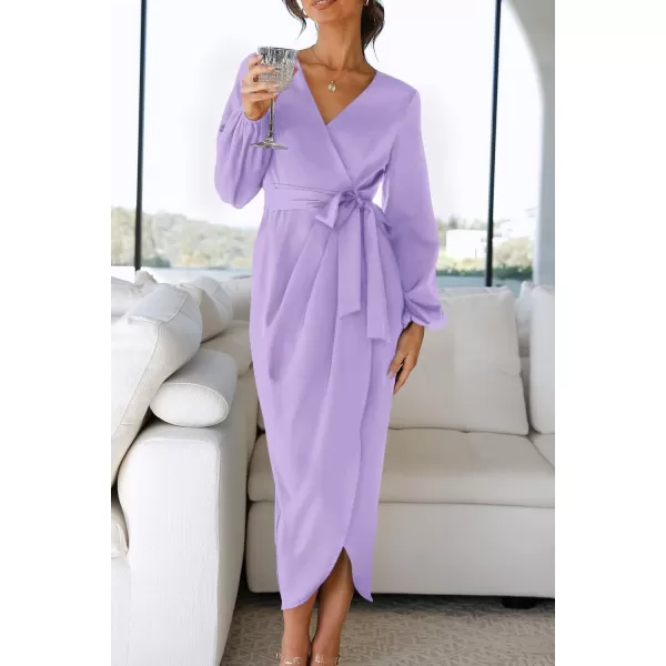 imageZESICA Womens Satin V Neck Bodycon Dress Long Sleeve Ruched Tie Waist Wrap Split Cocktail Party Midi DressesRustSmallPurple XLarge